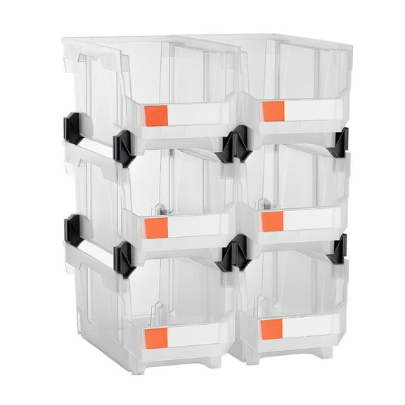 Stackable Plastic Bins - 14.8 x 8.5 x 7.1 Inch (6 Pack) - Clear Storage Containers for Organizing Closet, Garage, Office, Small Parts & Accessories