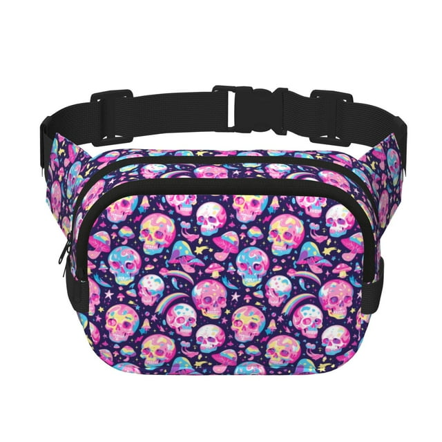 Fotbe Skull mushroom colorful cute Cangurera Cuadrada con Estampado de Doble Capa, Bolsa de Cintura Ajustable Mini para Hombres y Mujeres