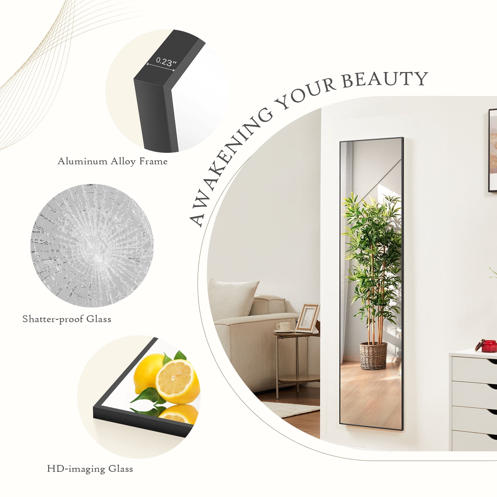 MAYEERTY Floor Standing Mirror, Wall Mirror with Stand Aluminum Alloy Thin Frame