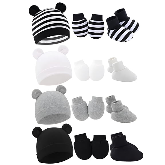 TELOLY 4 Pack Newborn Baby Hats Mittens Set for Boys Girls Hospital Hat Beanie Infant Caps Baby Gloves Socks for 0-6 Months