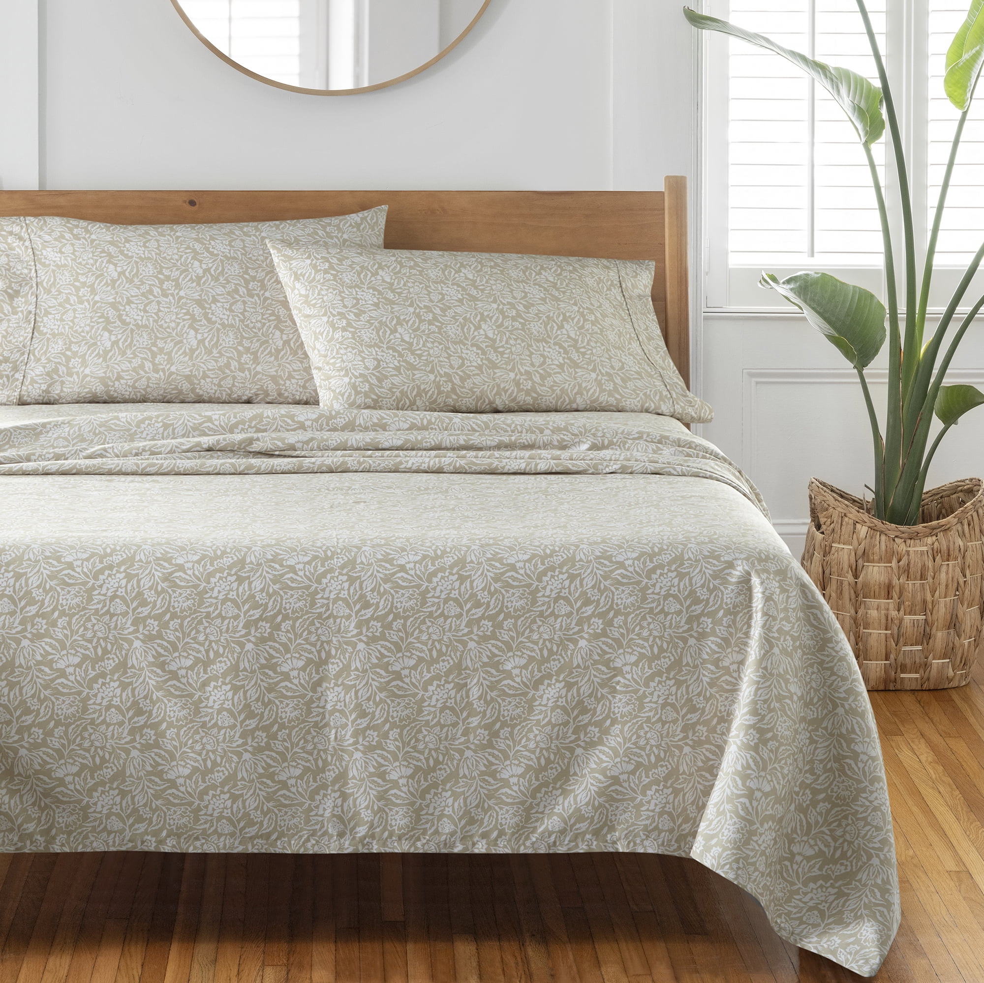 Better Homes & Gardens 4-Piece 300 Thread Count Floral Almond Biscuit Cotton Sateen Bed Sheet Set, Full