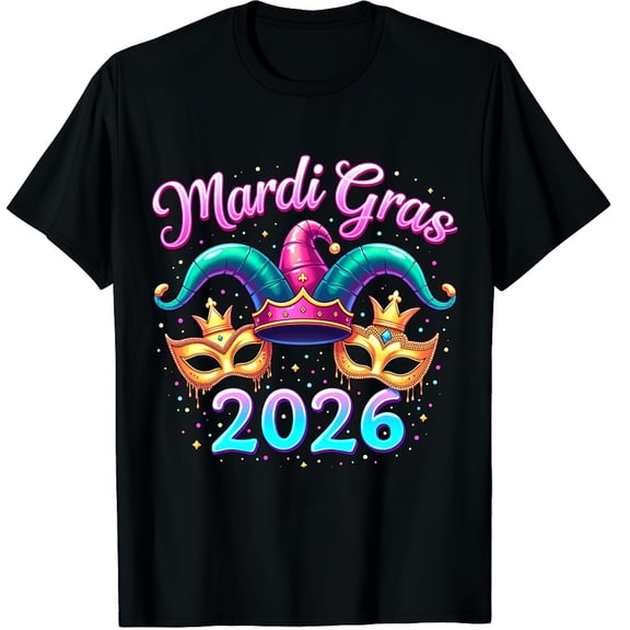 Happy Mardi Gras 2026 Jester Hat New Orleans Graphic Black T-Shirt for Men and Women