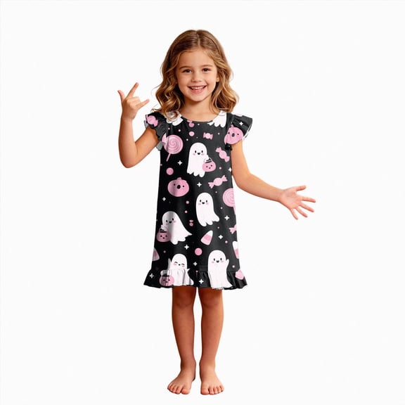 NOLDARES Halloween Girls Nightgowns Kids Flutter Short Pajamas Nightdress Princess Nightgown Sleep Dress(N211-Black)
