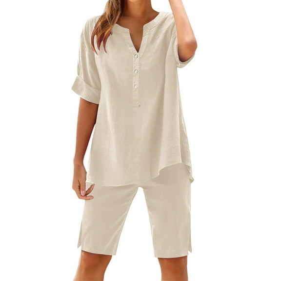 MSJUHEG Workout Outfits for Women Linen Shorts for Women Biker Short Set Sleep Sets for Women Linen Set Women Loungewear Sets Woman Womens Pajama Sets Shorts Beige L