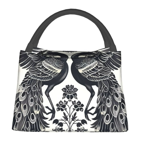 Fotbe Artistic Black White Peacocks Bolsa Térmica Portátil con Estampado, Bolsa de Entrega de Alimentos Aislada, Bolsa Reutilizable de Gran Capacidad para Comidas y Supermercado