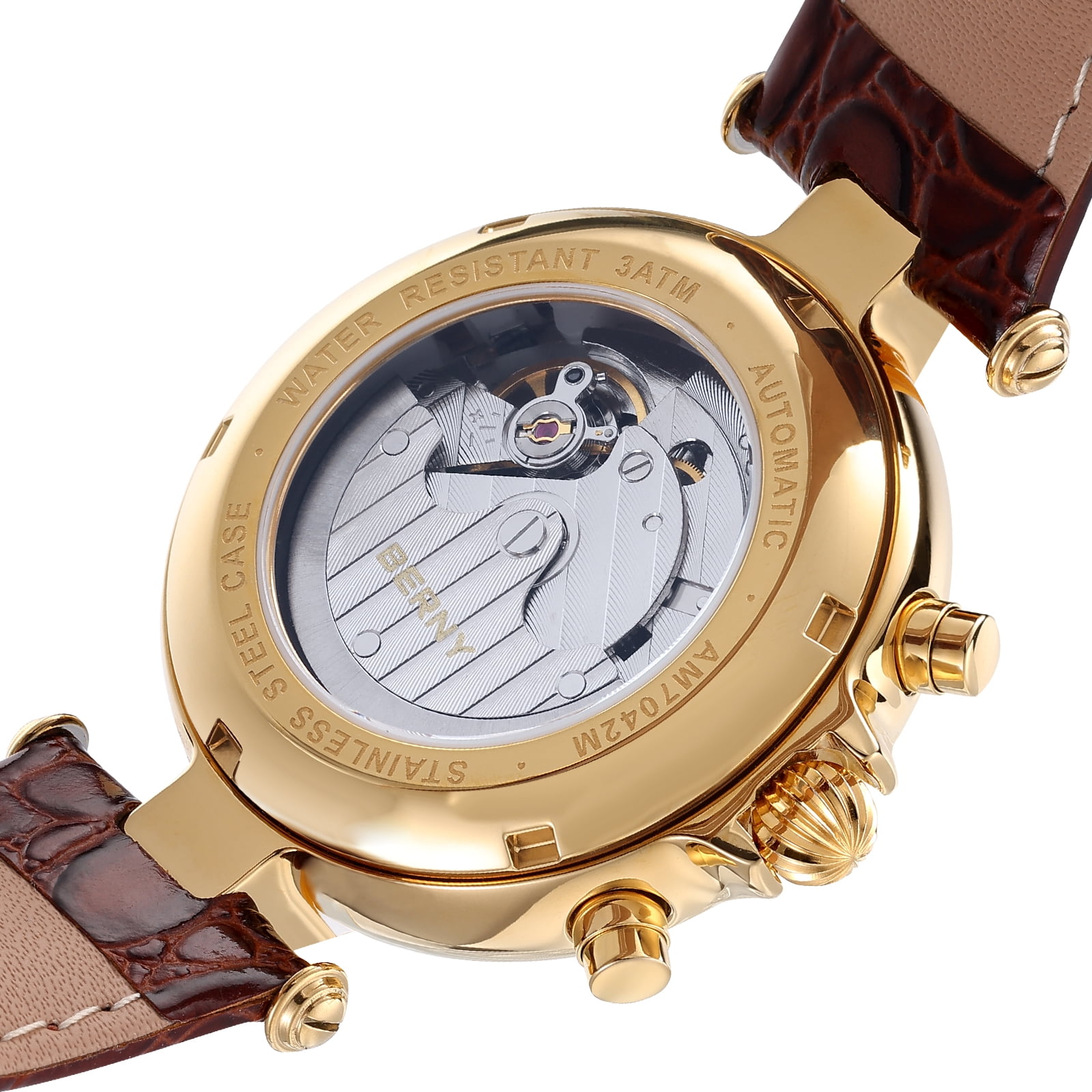 BERNY Automatic Watch for Men Classic Mechanical Self Winding Wristwatch 3ATM Waterproof Multi-Functional Dials Date, Week, Month and Moon Phase