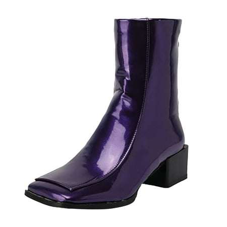OJSFQUFP Womens Shoes Winter Warm Boots Solid Color Short Boots Women s Pu Leather Square Head Thick Heels Women s Back Zipper Leather Shoes Fall Boots Women Purple 39