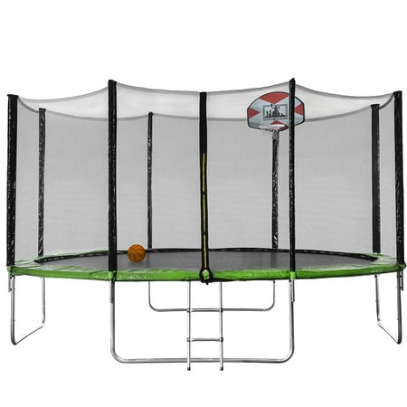 Indoor Trampoline for Kids 3-10, New Upgraded 14ft Outdoor Trampoline with Safety Enclosure Net, Basketball Hoop and Ladder, Heavy-Duty Round Trampoline for Indoor or Outdoor Backyard, BV Certificated