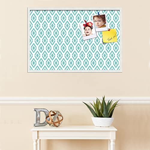 PinPix 36x24 inch Cork Bulletin Board. This Decorative Framed Pin Board Comes with Ikat Aqua Design and Satin White Frame. Ideal for Home, Office Decor or School (PinPix-1630)