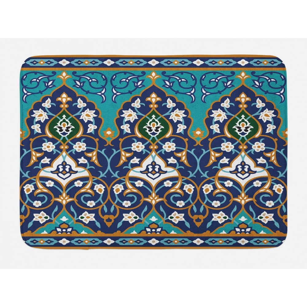 Moroccan Bath Mat, Ottoman Folkloric Art Inspired Abstract Aged Middle