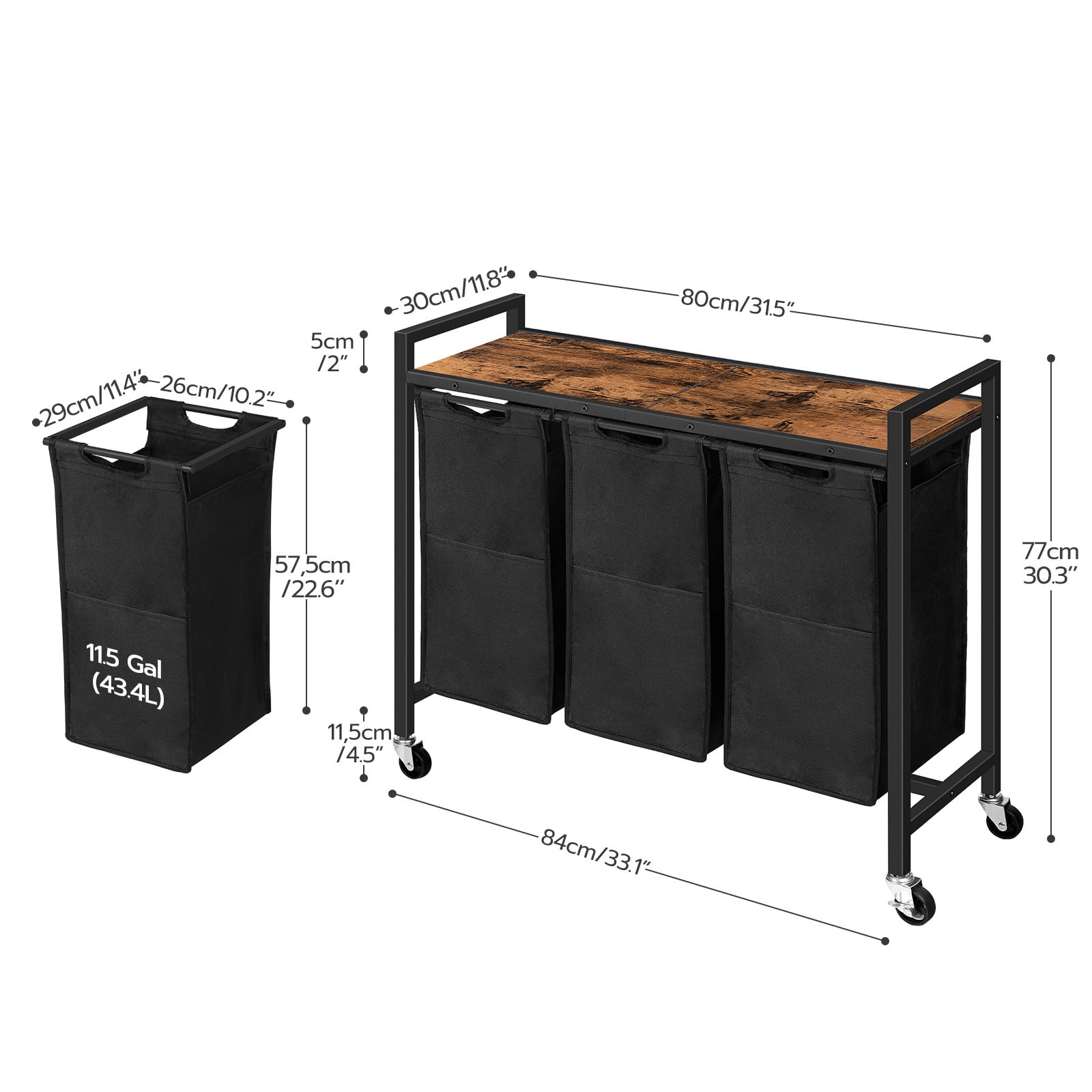 HOOBRO 3-Section Laundry Sorter with Wheels and Removable Bags, Rustic Brown and Black