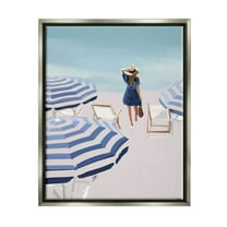 Stupell Industries Woman Enjoying Beach Shore Umbrellas Coastal Scene Graphic Art Luster Gray Floating Framed Canvas Print Wall Art, Design by Amelia Noyes