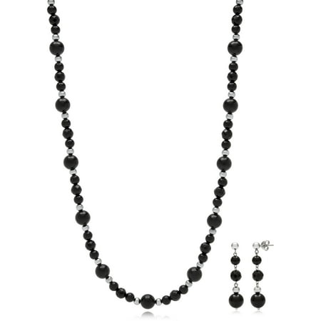 5-8mm Onyx Necklace and Drop Earring Set with Sterling Silver Bead Accents, 18