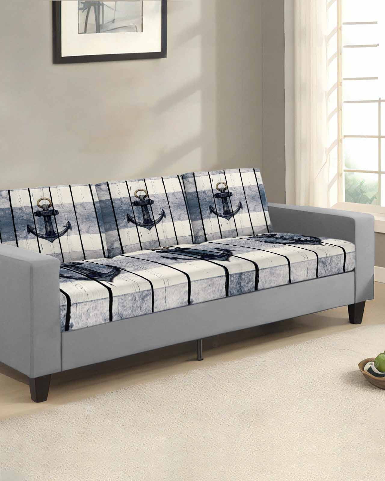 Navy Blue Nautical Couch Cushion Covers, Stretch Seat Cushion Covers for Sectional Sofa, Coastal Blue Striped Vintage Loveseat Sofa&nbsp;Slipcovers Furniture Protector with Elastic&Straps Medium 1Pcs