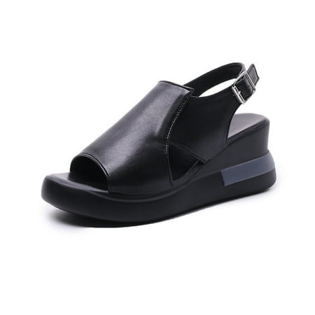 

Women s PU Leather Peep-Toe Sandals Soft and Wide Sandals with Leather Upper for Casual Occasion Beach Vacation Black 35 Sandal