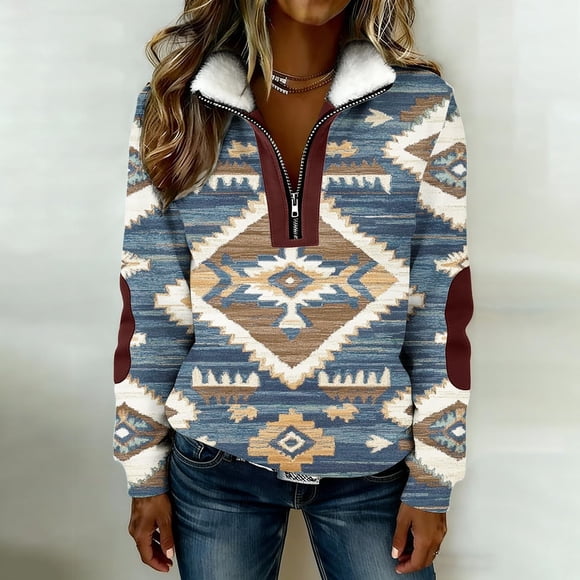 HOWPAY Oversized Sweatshirt for Women Western Aztec Print Quarter Zip Pullover Drop Shoulder Long Sleeve Casual Western Clothing Sky Blue XXXXXL