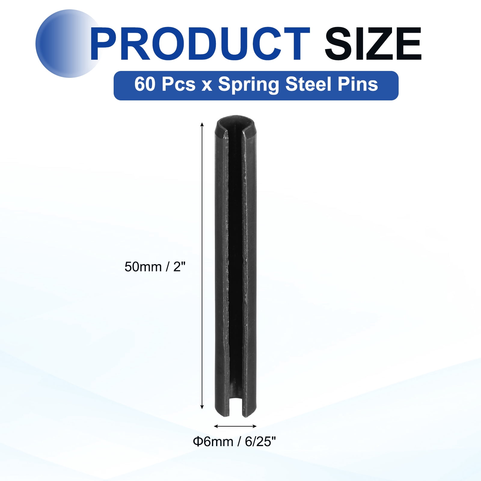 Uxcell 60Pcs Slotted Split Roll Pins 6/25 Inch(6mm) Dia. 2 Inch(50mm) Length 65Mn Steel Spring Tension, Black