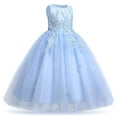 thumbnail image 2 of IBTOM CASTLE Kids Girls Flower Vintage Lace Princess Long Dress Tulle Pageant Formal Party Wedding Floor Dance Evening Gown 7-8 Years Light Blue, 2 of 8