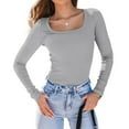 thumbnail image 3 of Womens Long Sleeve Shirts Square Neck Tops Ribbed Knit Basic Crop Tops Fall Outfits Fashion Clothes Light Gray L, 3 of 8