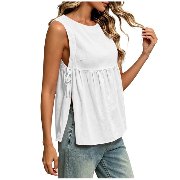 Womens Summer Shirts Casual Crew Neck Side Tie Tank Top Flowy Peplum Camisole for Daily Vacation White S