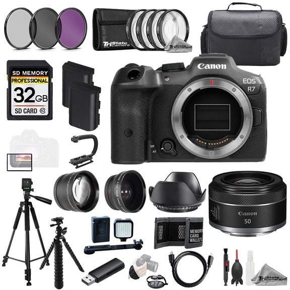 Canon EOS R7 Camera   RF 50mm f/1.8 STM Lens  32GB Ext Bat 9 PC Filtr-MEGA Kit (International Version)