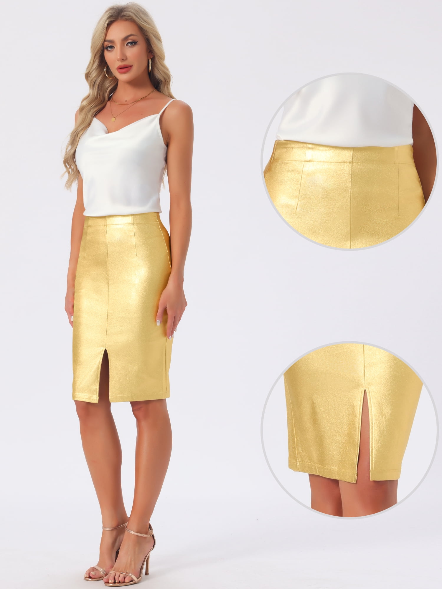 DARING DIVA Women's Holographic Shiny Metallic Midi Skirt X-Large Gold
