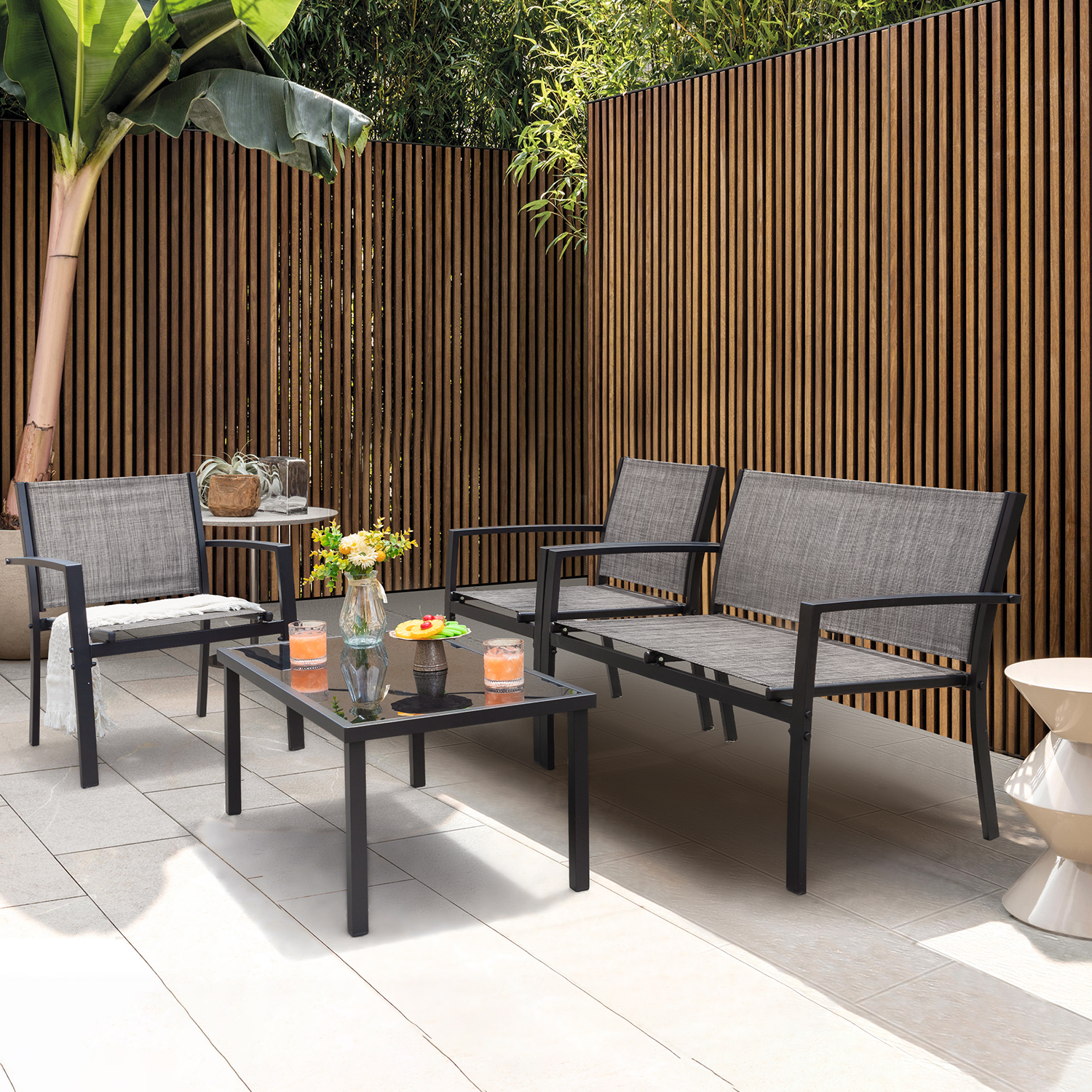 Devoko 4 Pieces Patio Furniture Outdoor furniture Outdoor Patio Furniture Set Textilene Bistro Set Modern Conversation Set Black Bistro Set with Loveseat Tea Table, Grey