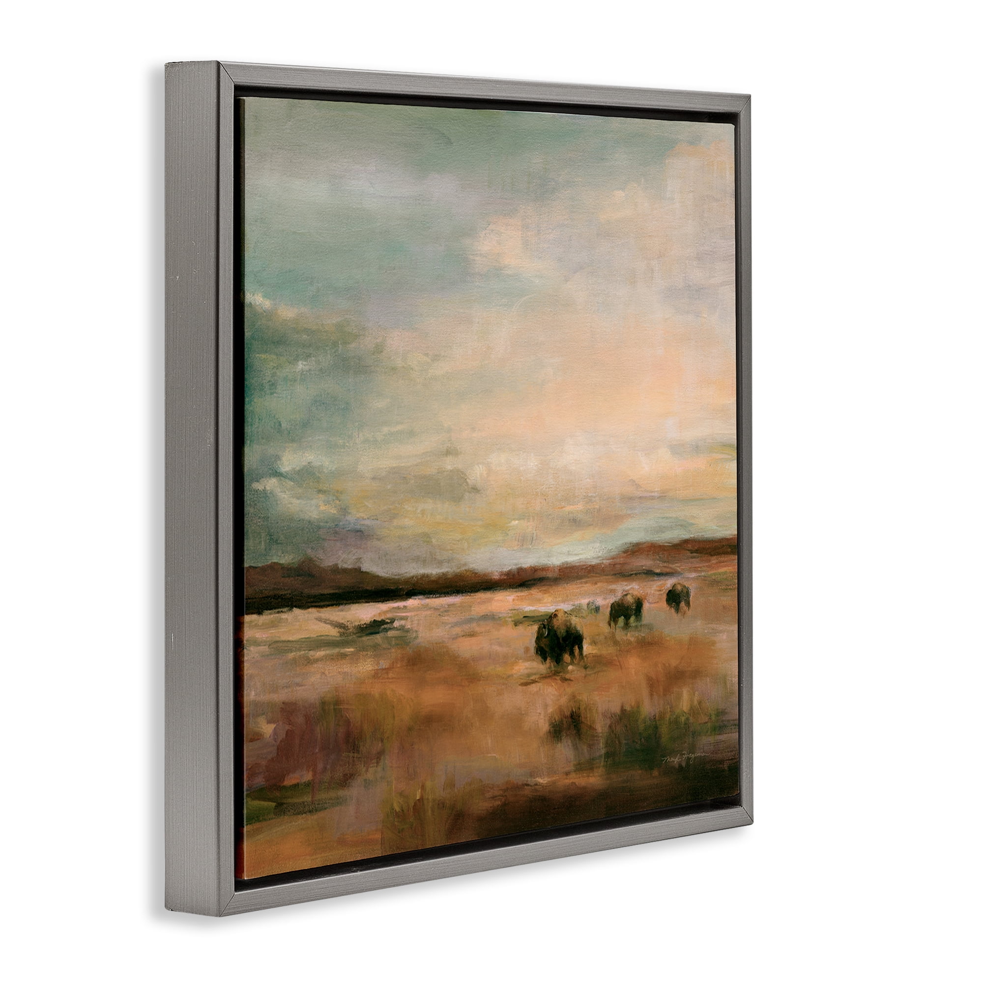 Stupell Industries Buffalo Under Big Sky Landscape & Nature Painting Gray Floater Framed Canvas Art Print Wall Art, 25 x 25
