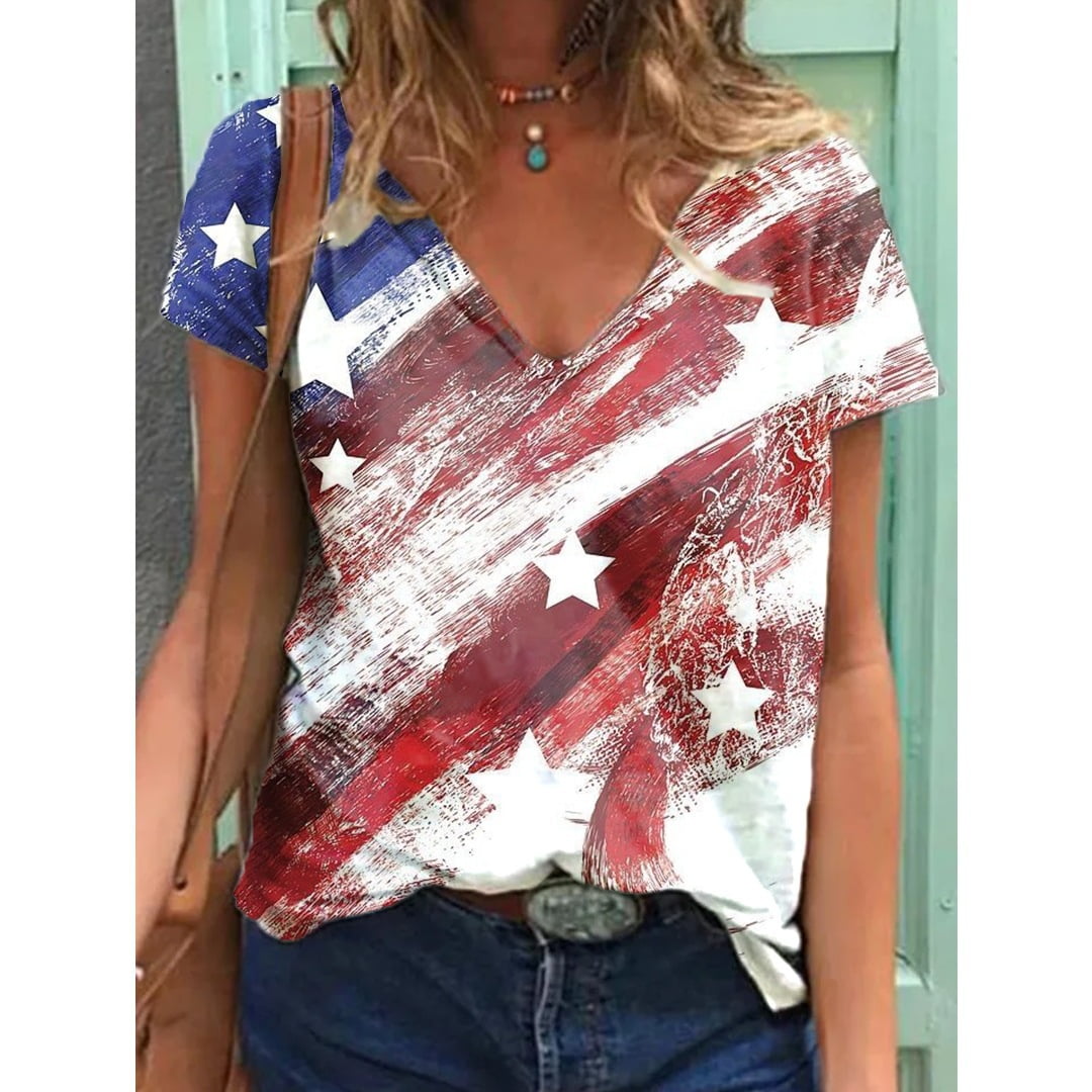 4th of July Tshirts for Women Fashion American Flag Top Patriotic Stars Stripes T-Shirts 