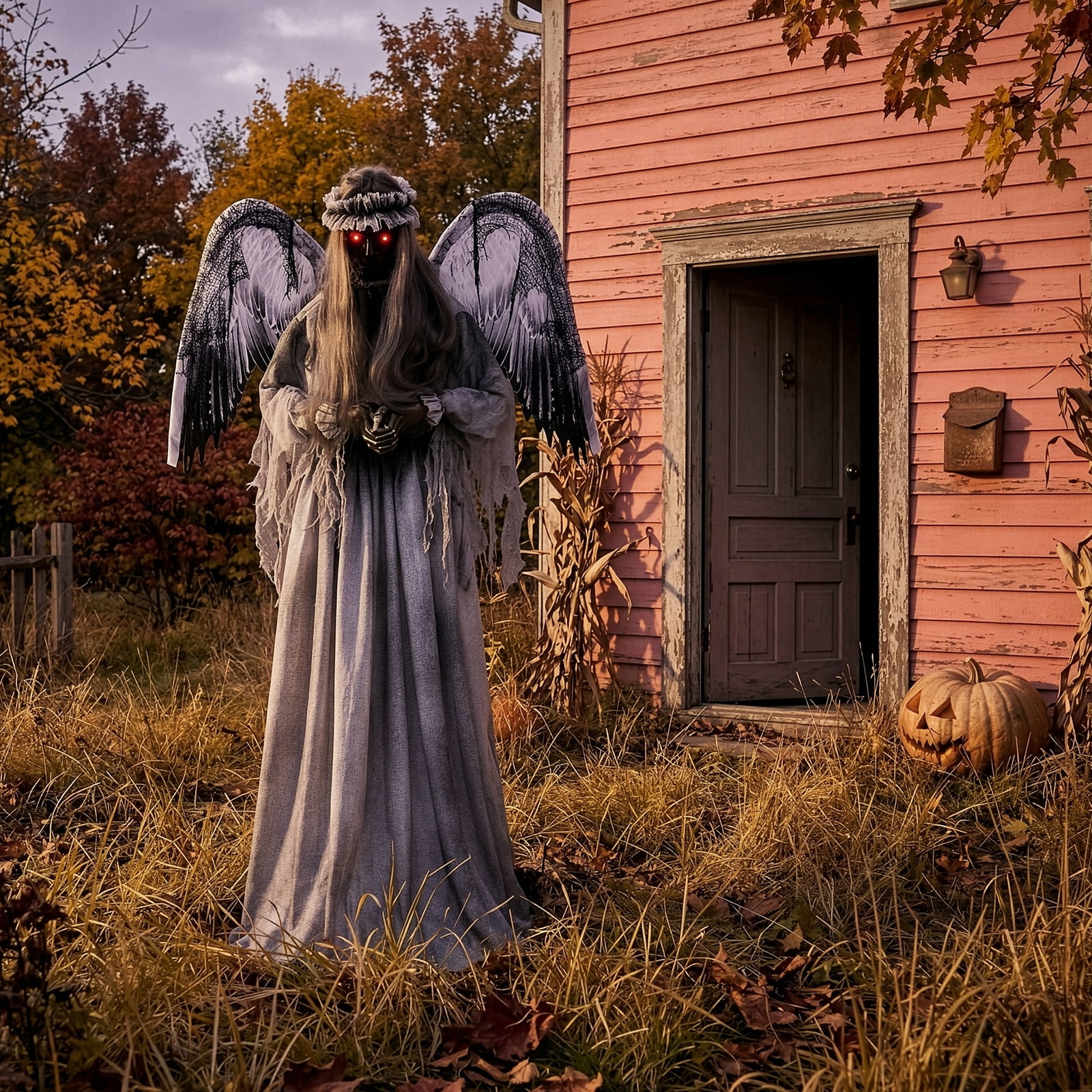 Astoutdoor 5.7 ft Halloween Weeping Angel Animatronic Decoration with Red Light-Up Eyes, Sound-Activated Motion, and Screaming Sound Effects, Battery Operated