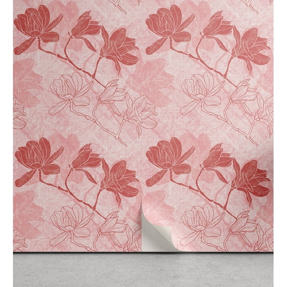 Ambesonne Pink Floral Peel & Stick Wallpaper for Home, Magnolia Flowers Spring, 13"x36", Pale Ruby Rose Blush