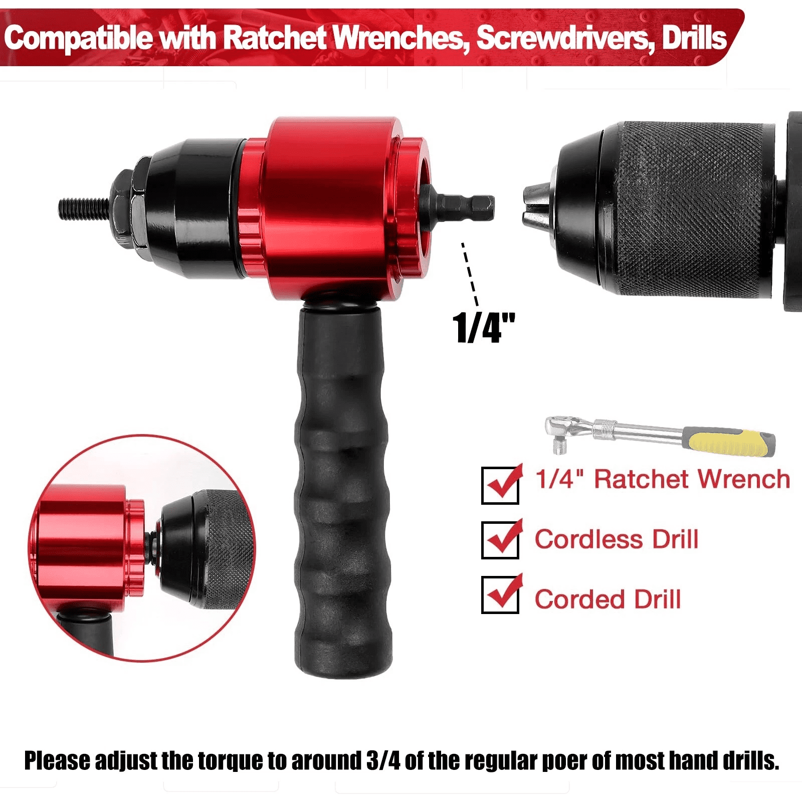 iMeshbean Electric Rivet Nut Tool Adapter, Cordless Rivet Gun Kit for Electric Drill/Ratchet Wrench 1/4", Riveting Tool, Insert Nut Drill Tool Kit