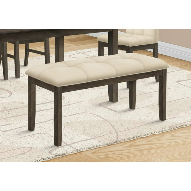 44-inch rectangular dining bench with cream fabric tufted upholstery and grey solid wood legs, suitable for entryway or kitchen.