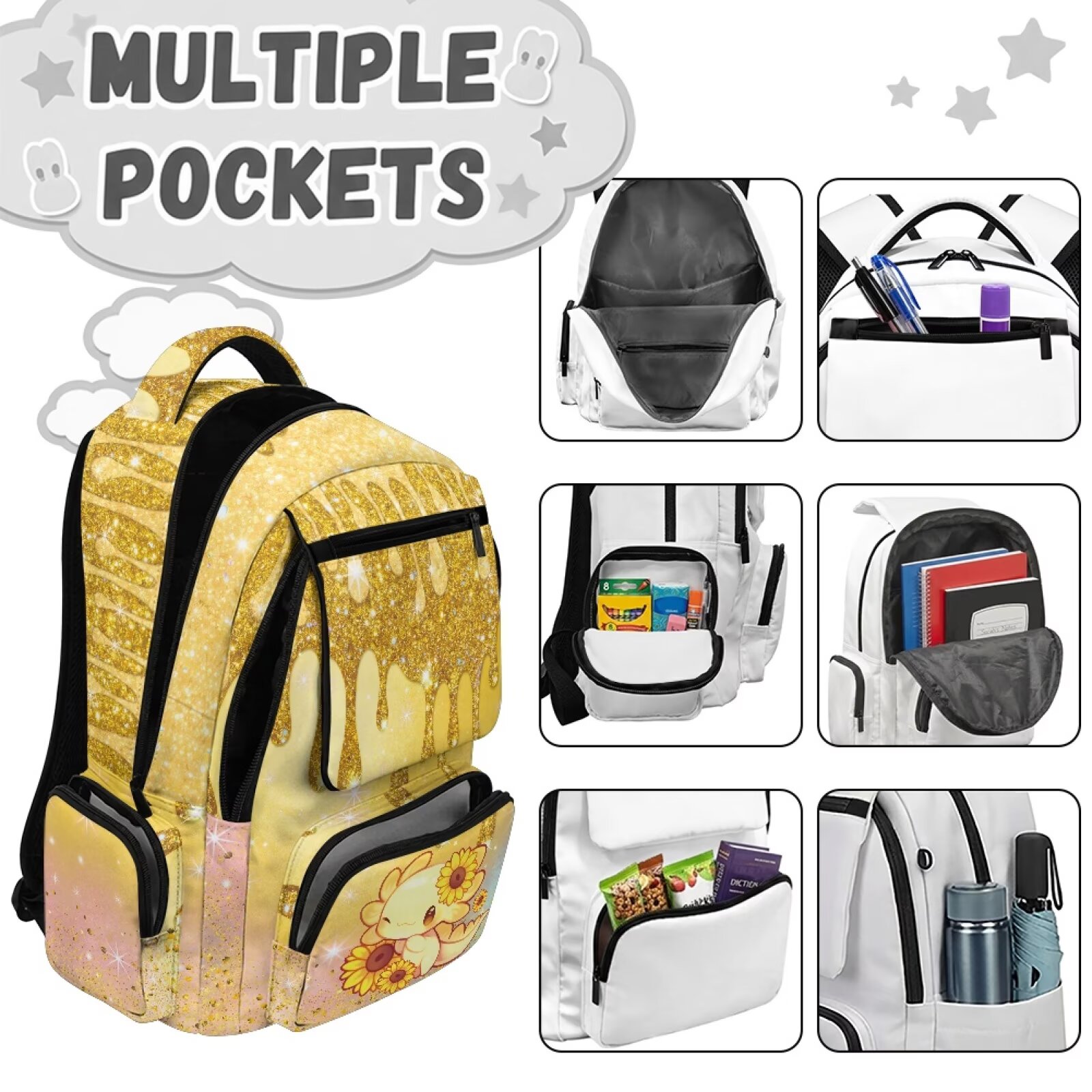 Mochila escolar para niños y niñas con estampado de ajolote y girasol, 17 pulgadas, resistente al agua, múltiples bolsillos, correas acolchadas ajustables, gran capacidad 6