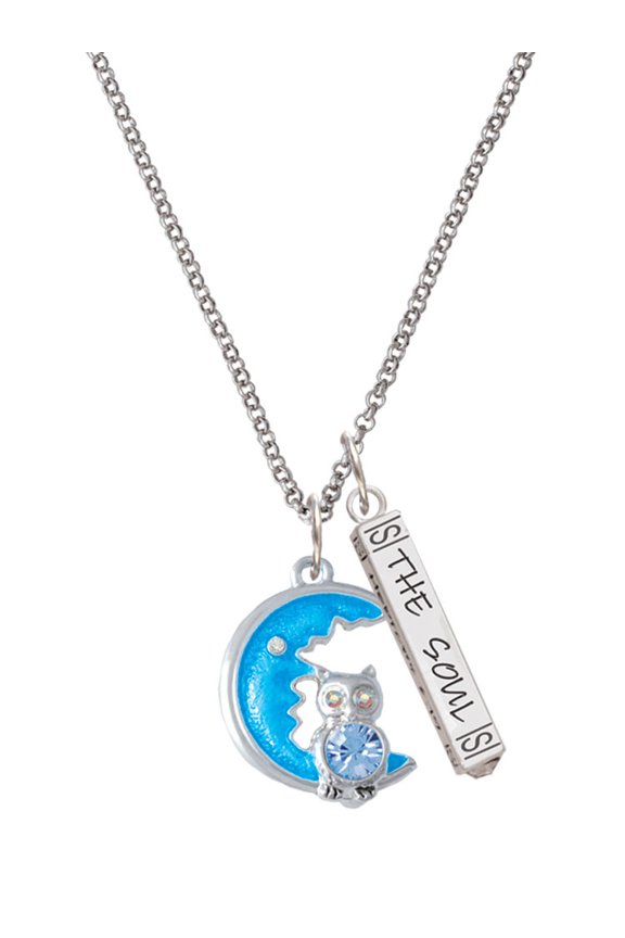 Silvertone Large Blue Owl on Hot Blue Moon Silvertone Hope Anchors the Soul Bar Charm Necklace, 23"
