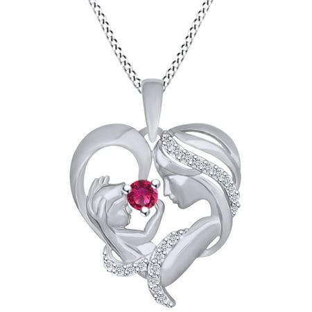 Simulated Gemstone Pendant - Round Cut Simulated Ruby & White Cubic Zirconia Mom With Child Heart Pendant Necklace In 14k White Gold Over Sterling Silver
