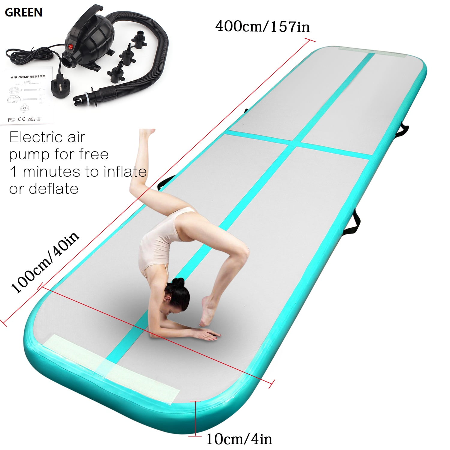 Green 4m*1m Inflatable Air Track Tumbling Gymnastic Mat Floor Home