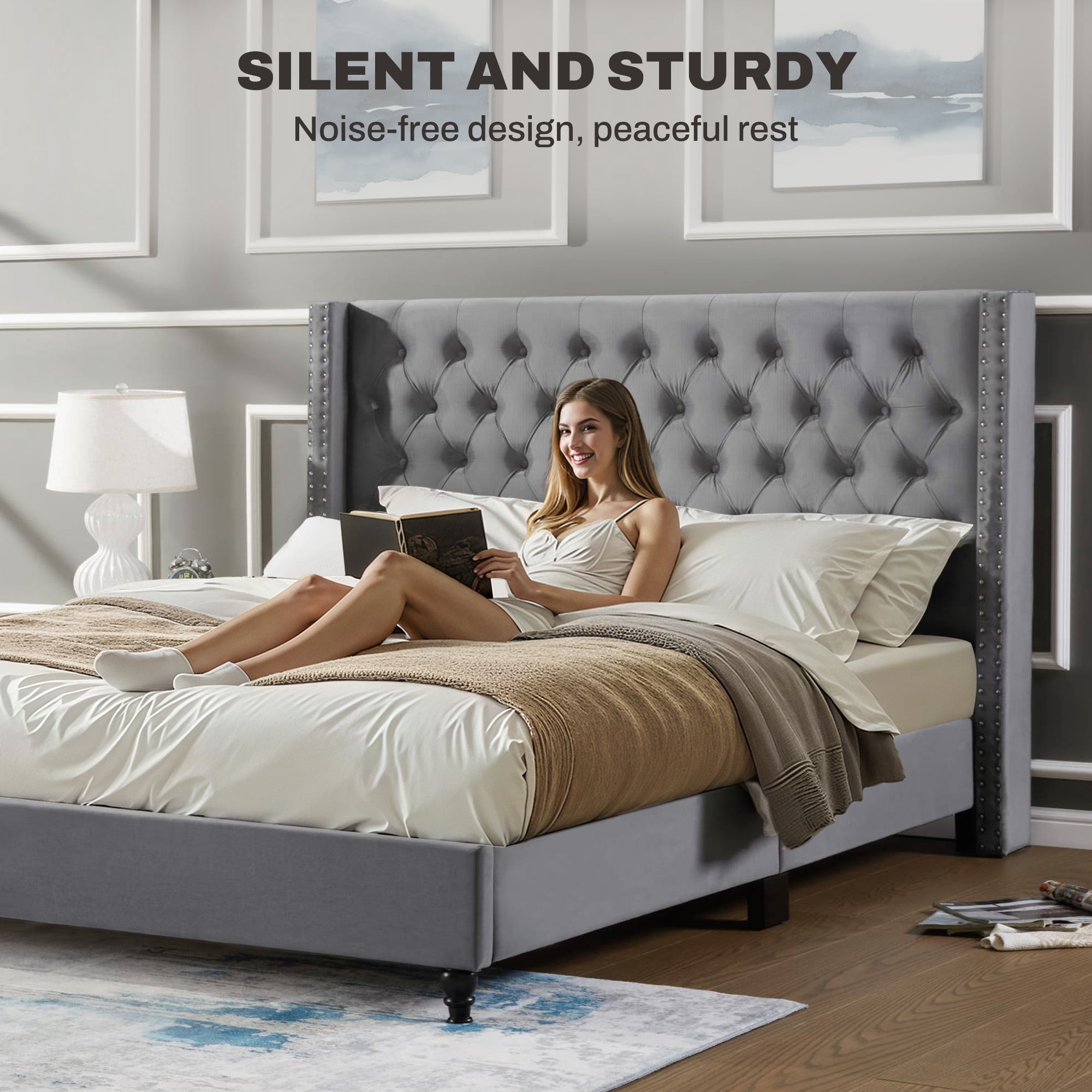 FlexiSpot King Size Upholstered Platform Bed Frame with Tall Tufted Wingback Headboard, Soft Fabric Upholstery, Solid Wood & Center Support Legs, Noise-Free Structure, 750lbs Heavy-Duty