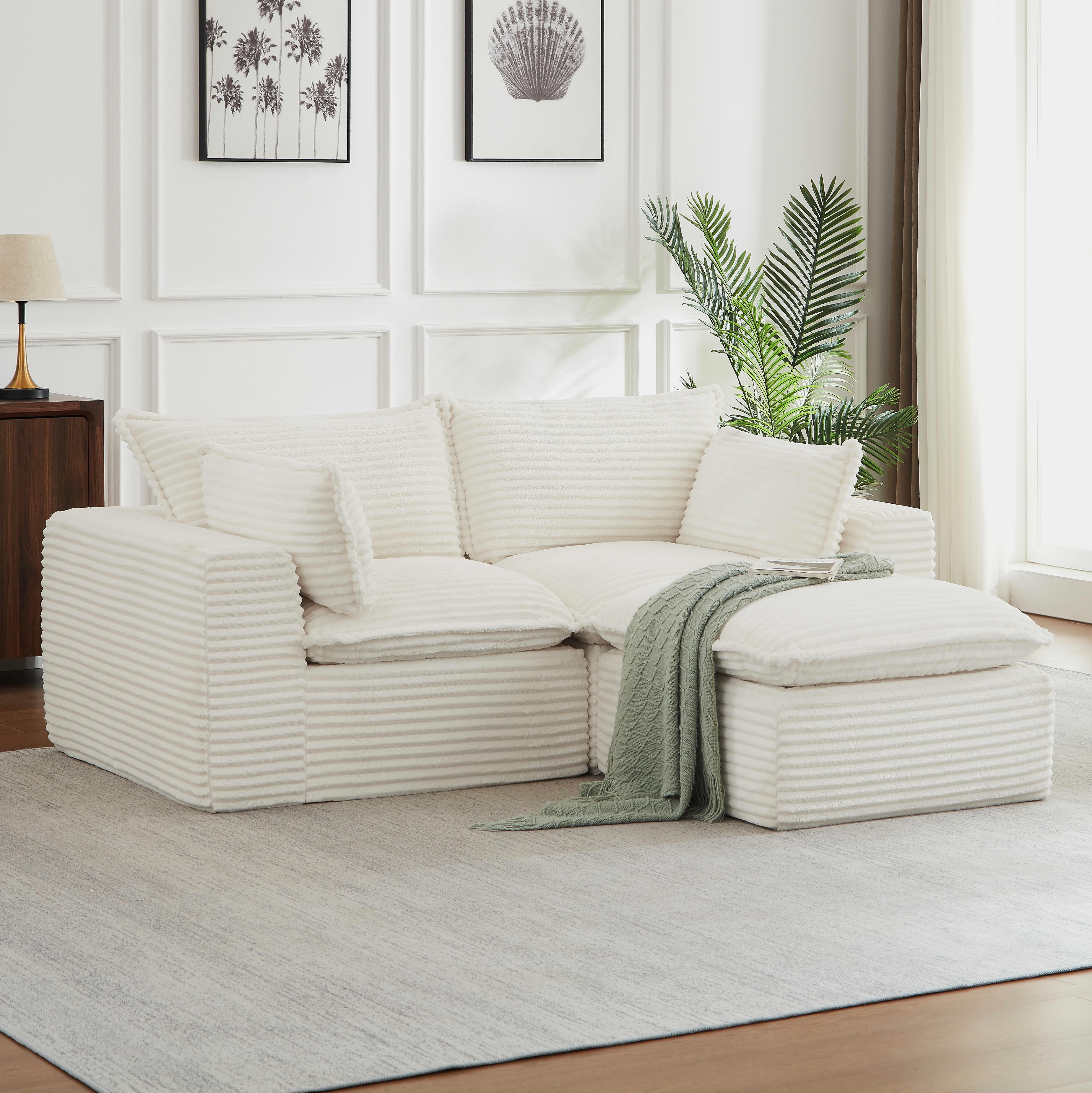 MAYEERTY Corduroy Oversized Sectional Sofa, Cloud Convertible L-Shape Couch with Ottoman for Apartment, White