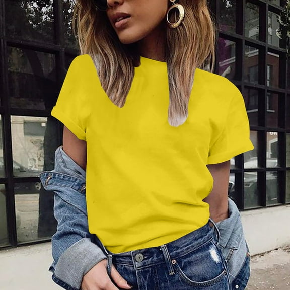 Daqian Womens Plus Size T-shirts Fashion Casual Women Short Sleeve Solid O-Neck Tops Ladies Tee T-Shirt Blouses for Women Yellow 8(L)