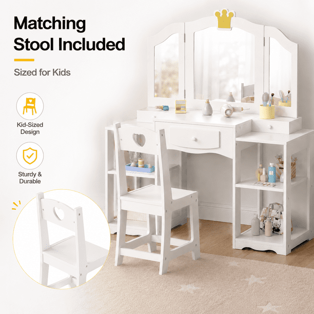 Ktaxon Kids' Wooden Vanity Table and Stool Set with Tri Folding