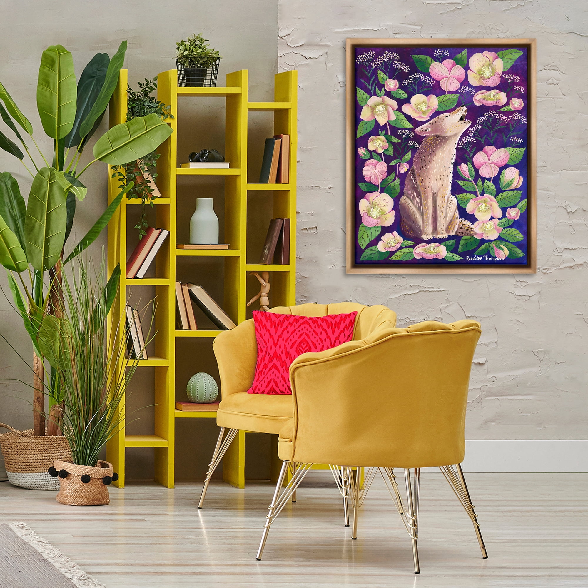 Stupell Industries Coyote & Pink Florals Animals Painting Brown Floater Framed Canvas Art Print Wall Art, 25 x 31