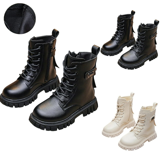 Mceream Girls Lace Up Ankle Boots Leather Riding Boots Side Zipper Punk Goth Sole Ankle Booties Black 33