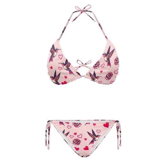 HELLHERO Hummingbird Rose Pattern Soft Fabric Women Bikini Set Quick Drying Skin Friendly and Breathable Plus Size Drawstring