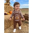 thumbnail image 3 of RUINIXCW Newborn Baby Boy Thanksgiving Outfit Infant Baby Boy Fall Winter Clothes Waffled Striped Rompers and Turkey Embroidery Overalls Pants Set, 3 of 10