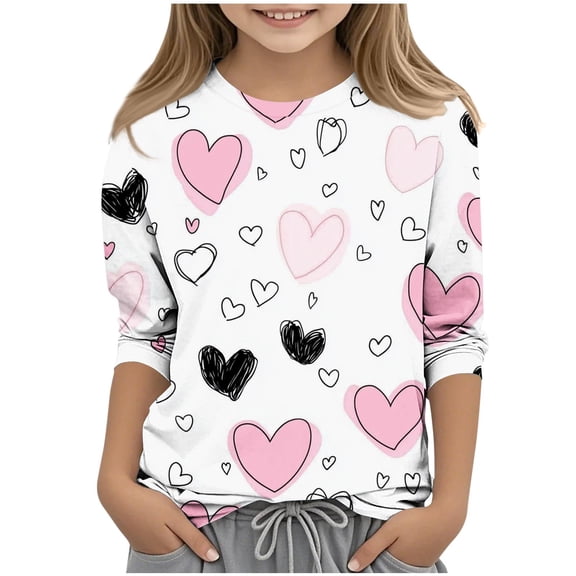 KyCheLot Valentine Shirts for Girls 3/4 Sleeve Cute Print Crewneck Casual Tee Tops School Party 3-12 Years