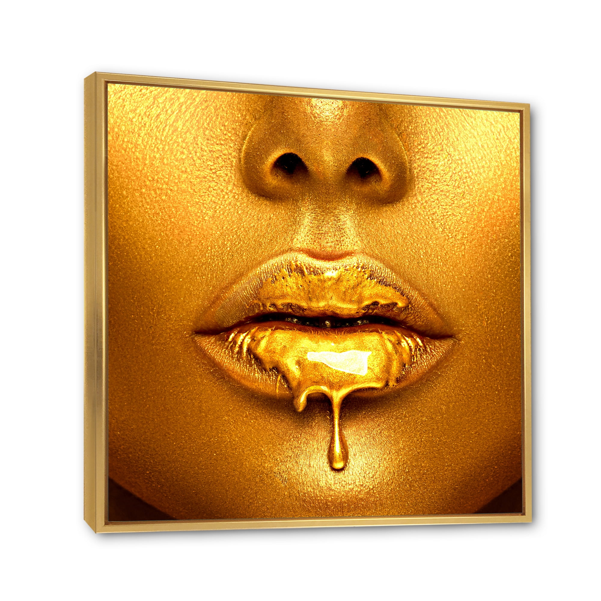 Designart 'Gold Paint Drips From Sexy Girl Lips' Modern Framed Canvas Wall Art Print