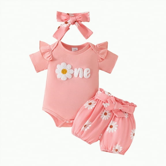 TOWED22 Newborn Outfit Baby Girl Going Home Outfit Ruffle Ribbed Romper Top Floral Pants Set Cute Summer Clothes(Pink,12-18 M)
