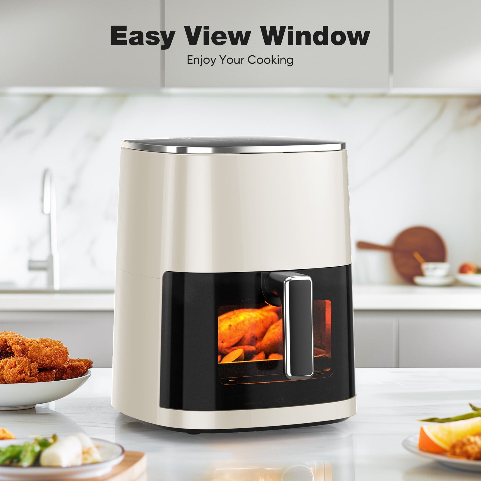 CONCETTA Air Fryer 12-in-1,6-Qt Compact Square with Window - Roast, Reheat, Dehydrate, Bake, Steam, Up to 400F, Beige