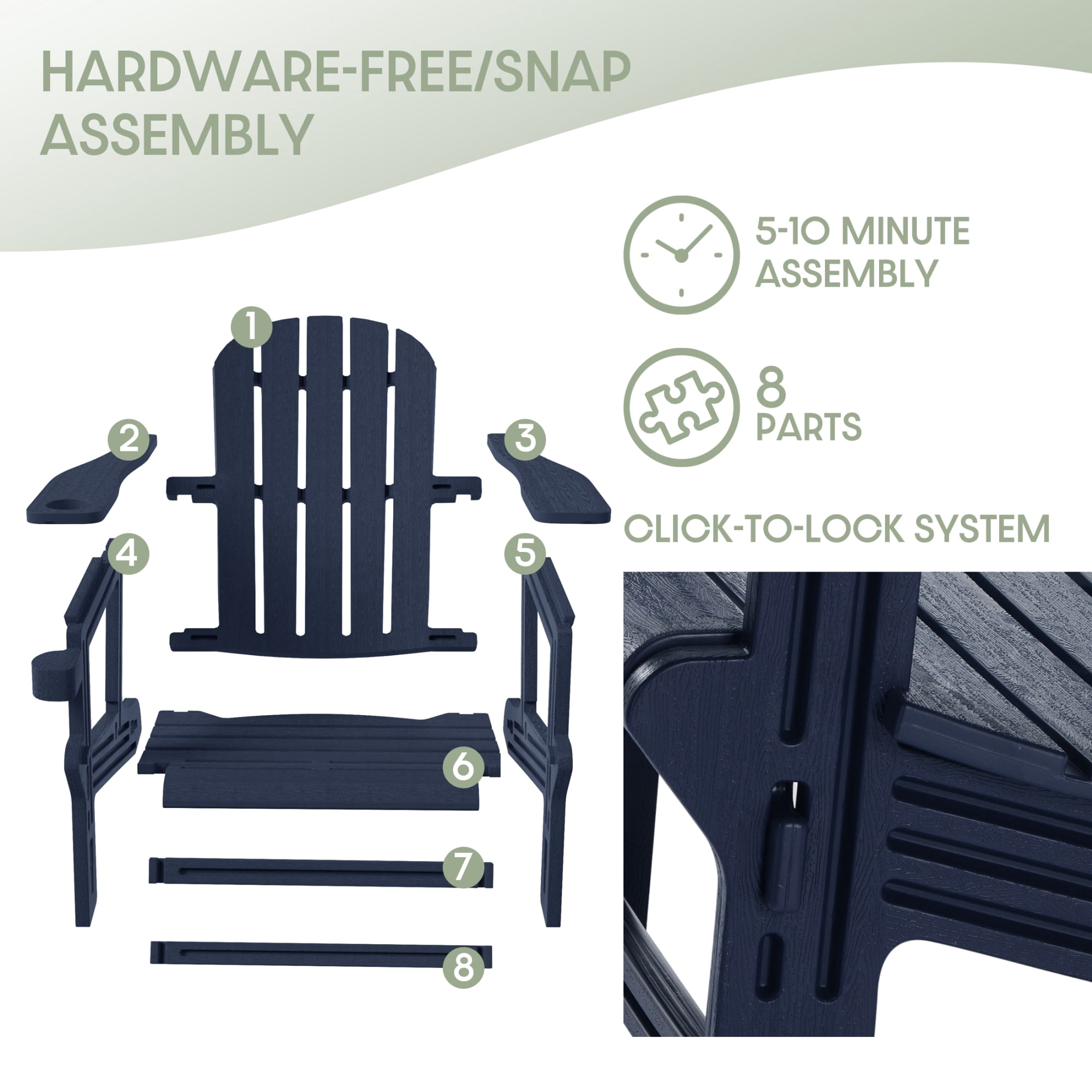 WestinTrends Azura Tool-Free Assembly Outdoor Patio HDPE Plastic Adirondack Chair with Cup Holder (Set of 2), Navy Blue